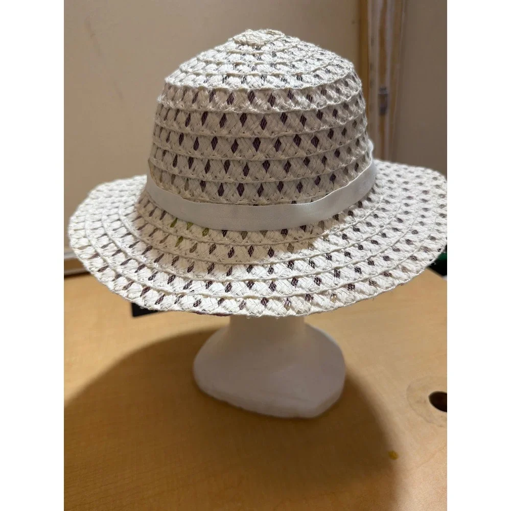 Girls White Purple Woven Straw Sun Hat Pink Flower Ribbon Accent Chin Strap